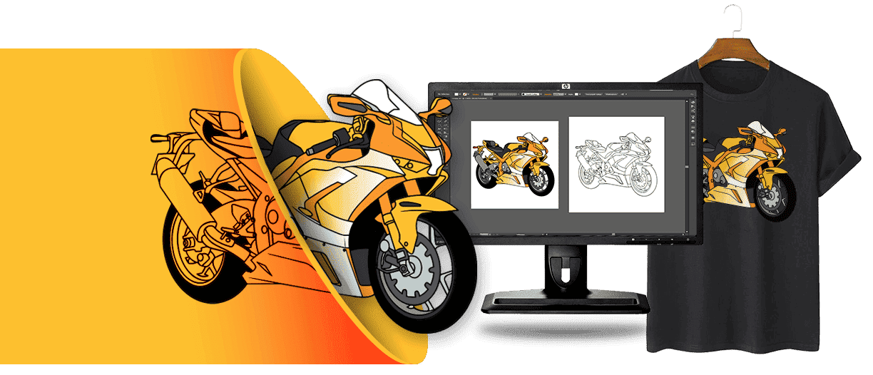 Witness the power of vector conversion in action! In this image, we showcase the complete process of image vectorization. Starting with a non-vector image of a cool motorcycle, we use software like Adobe Illustrator to transform it into a sleek vector design. Once the conversion is complete, we proudly present the final outcome: the vectorized bike design stylishly showcased on a t-shirt. Experience the transformation of a simple image into a versatile and sharp masterpiece!